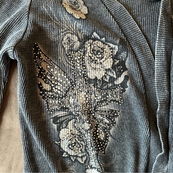 vocal cardigan / y2k bling angel wing biker 2000s drape / dark grey size small - Picture 3 of 6